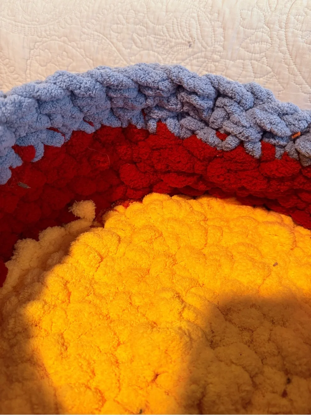 Handmade Plush Basket with Handle - Flame themed with Red, Orange, Yellow & Blue